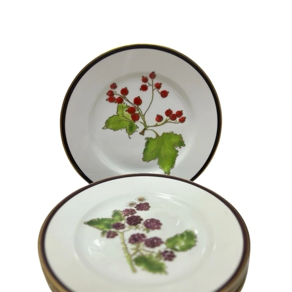 Set of 4 CRATE & BARREL Berries Fruits DESSERT Salad Plates Gold Rim 8.25”